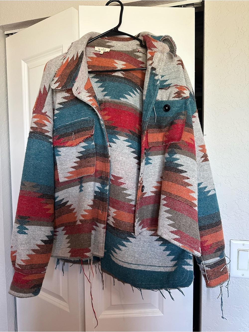 LA MIEL Aztec-Pattern Hooded Utility Jacket in Teal, Rust & Cream